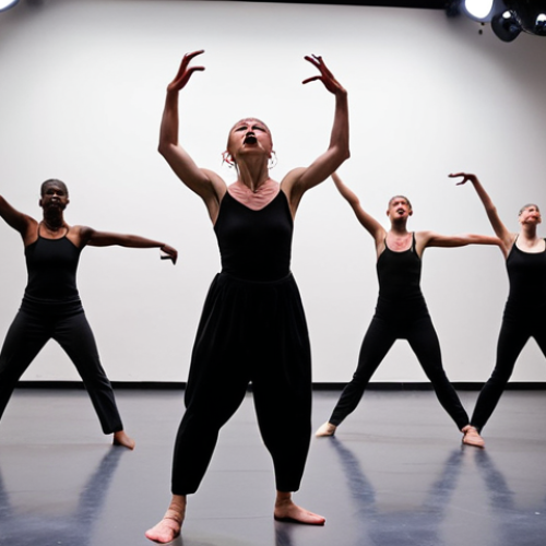 **Existential Performance Art**: Create an image of a contemporary dance performance that conveys deep emotions about life and death, with dancers expressing struggle and hope through their movements. The scene should be vibrant and dynamic, capturing the intensity of the performance and the connection between the performers and the audience.