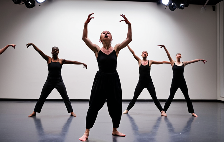 **Existential Performance Art**: Create an image of a contemporary dance performance that conveys deep emotions about life and death, with dancers expressing struggle and hope through their movements. The scene should be vibrant and dynamic, capturing the intensity of the performance and the connection between the performers and the audience.