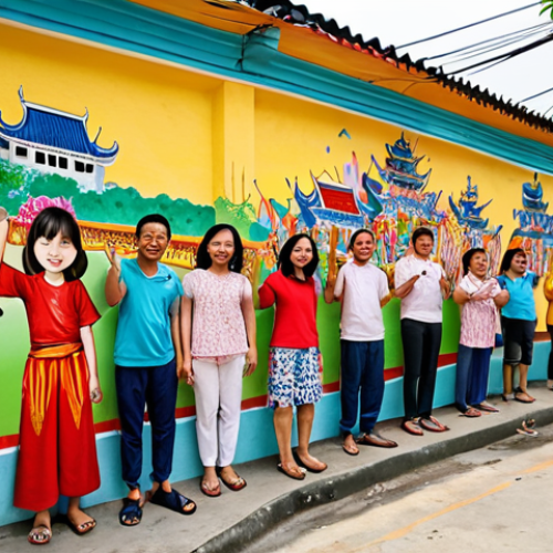 **

A vibrant mural painting project in a Vietnamese neighborhood.  Focus on the community members (adults and children) collaboratively painting a previously dilapidated wall, transforming it with colorful imagery reflecting local culture and history.  Show the joy and pride of the participants.  The style should be realistic but with a slightly whimsical, uplifting feel. Include traditional Vietnamese elements in the mural design.

**