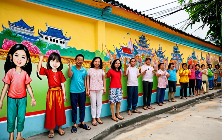 **
A vibrant mural painting project in a Vietnamese neighborhood. Focus on the community members (adults and children) collaboratively painting a previously dilapidated wall, transforming it with colorful imagery reflecting local culture and history. Show the joy and pride of the participants. The style should be realistic but with a slightly whimsical, uplifting feel. Include traditional Vietnamese elements in the mural design.
**