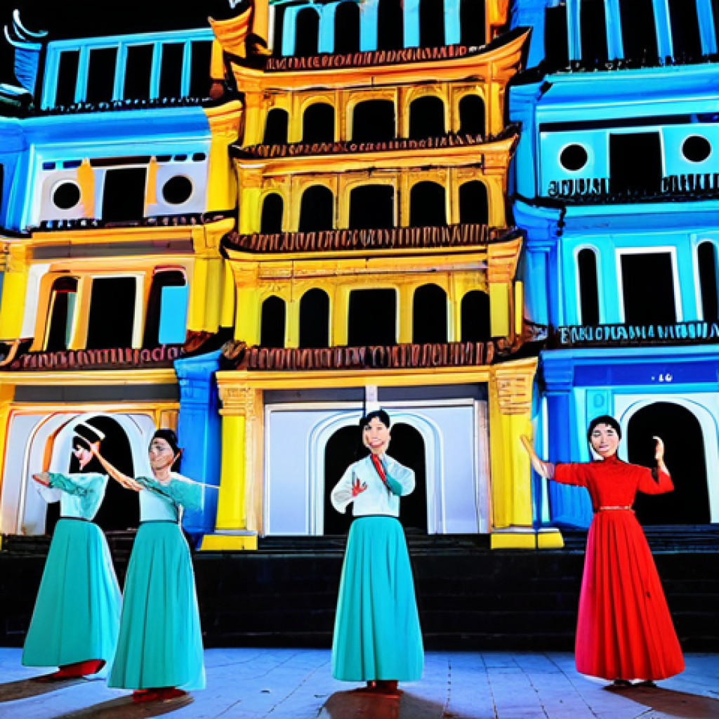 Multimedia Performance in Hanoi**

"A vibrant multimedia performance unfolding in Hanoi's Old Quarter. Traditional Vietnamese dancers in ao dai interact with digital projections on ancient buildings, modern music blending with traditional instruments. The scene is dynamic and colorful, capturing the energy of the city. Focus on the interplay between the performers, the technology, and the historic setting. Safe for work, appropriate content, fully clothed, professional, perfect anatomy, natural proportions, high resolution, well-formed hands."

**