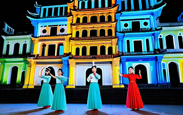 Multimedia Performance in Hanoi**

"A vibrant multimedia performance unfolding in Hanoi's Old Quarter. Traditional Vietnamese dancers in ao dai interact with digital projections on ancient buildings, modern music blending with traditional instruments. The scene is dynamic and colorful, capturing the energy of the city. Focus on the interplay between the performers, the technology, and the historic setting. Safe for work, appropriate content, fully clothed, professional, perfect anatomy, natural proportions, high resolution, well-formed hands."

**
