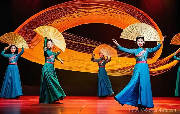 현존 기반 공연 접근법의 문화 자원 활용 - **Prompt:** A grand, theatrical stage in Vietnam, showcasing a modernized traditional performance. E...