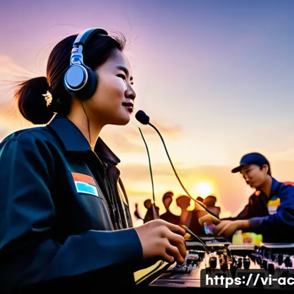 현존 기반 공연 접근법의 자원 관리 전략 - A vibrant Vietnamese outdoor concert scene at sunset, showing a diverse team of event staff efficien...