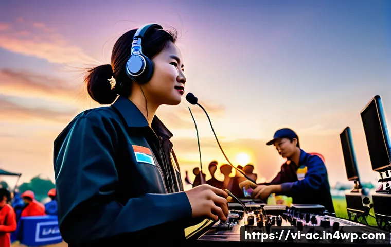 현존 기반 공연 접근법의 자원 관리 전략 - A vibrant Vietnamese outdoor concert scene at sunset, showing a diverse team of event staff efficien...