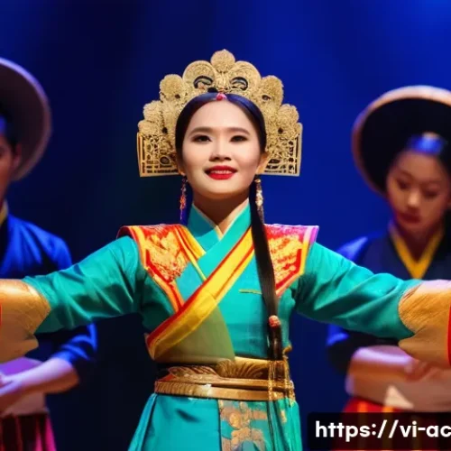 현존 기반 공연 접근법과 예술적 표준 - A Vietnamese theatrical performance on a traditional stage in Hanoi, featuring a young female artist...