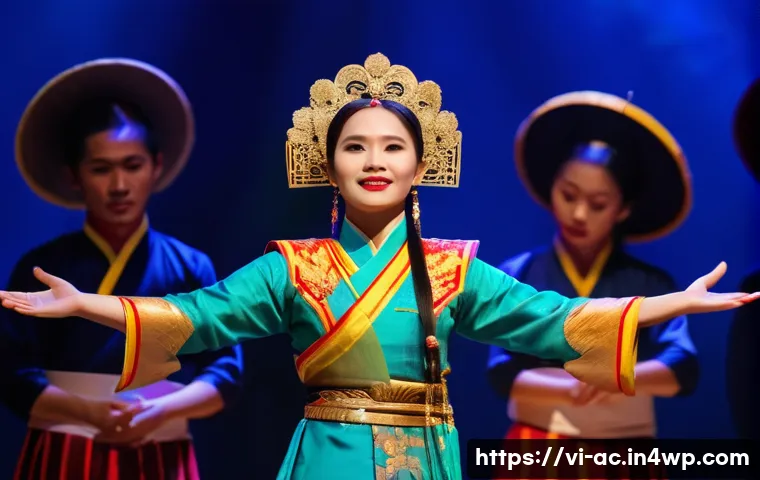 현존 기반 공연 접근법과 예술적 표준 - A Vietnamese theatrical performance on a traditional stage in Hanoi, featuring a young female artist...