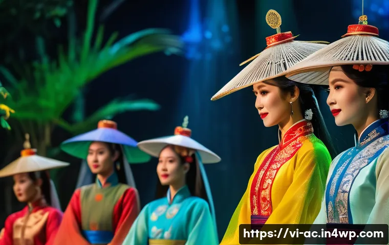 현존 기반 공연 접근법의 제약과 기회 - A vibrant Vietnamese traditional stage performance blending classic cultural costumes with modern di...