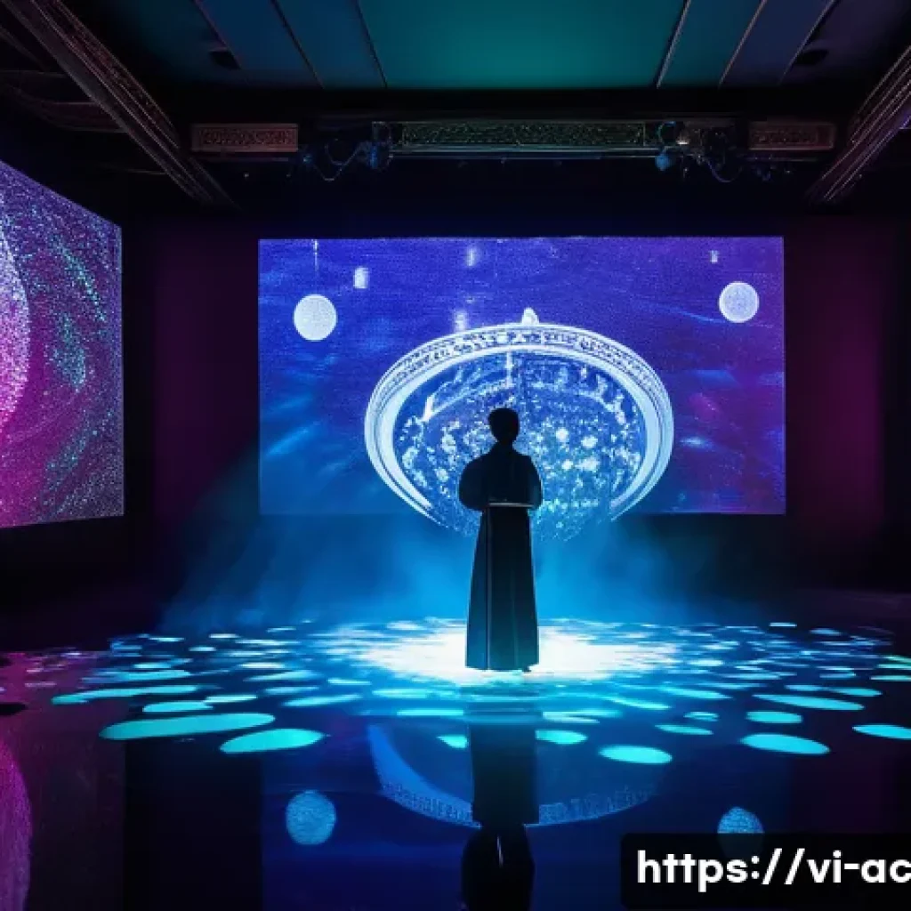현존 기반 공연 접근법의 새로운 기획 아이디어 - A futuristic interactive performance space in Hanoi, Vietnam, featuring a multi-dimensional stage wi...