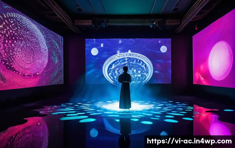 현존 기반 공연 접근법의 새로운 기획 아이디어 - A futuristic interactive performance space in Hanoi, Vietnam, featuring a multi-dimensional stage wi...