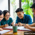 현존 기반 공연 접근법에서의 네트워킹 기법 - A vibrant indoor art workshop scene in Ho Chi Minh City, featuring diverse Vietnamese performing art...